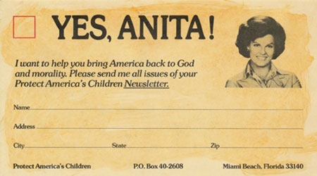 Anita Bryant Save Our Children fundraising card