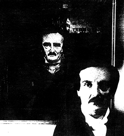 Peter de Rome in front of a portrait of Edgar Allan Poe