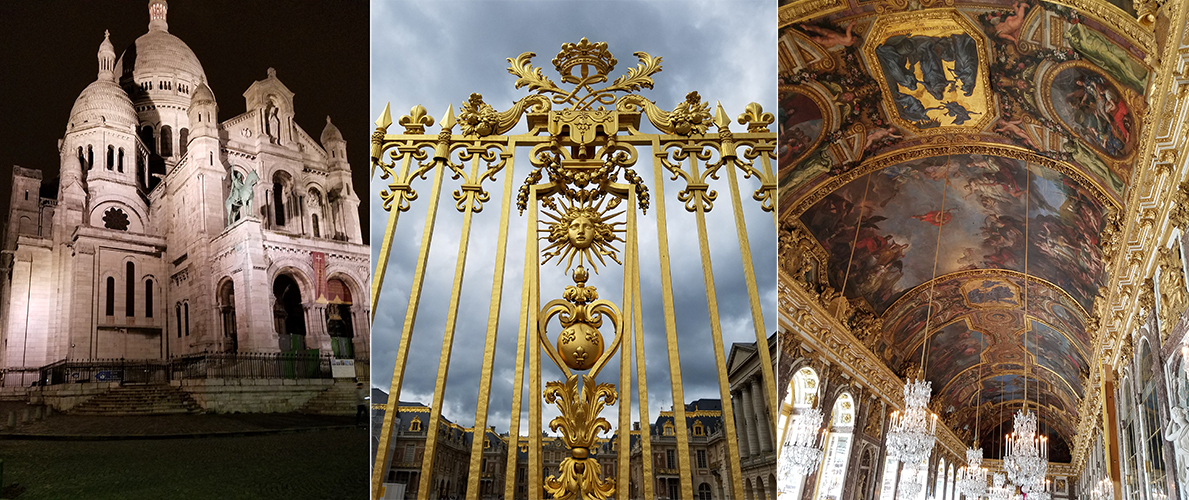 Basilique du Sacré-Cœur de Montmartre, the gates of Versailles, ceiling of the Halle des Miroirs – Versailles