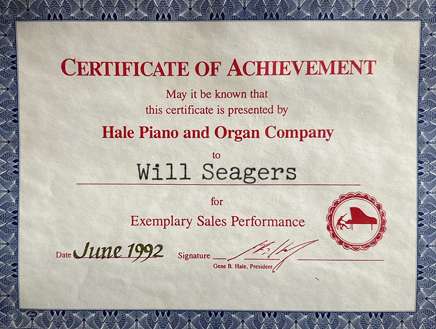 Will Seagers exemplary sales certificate