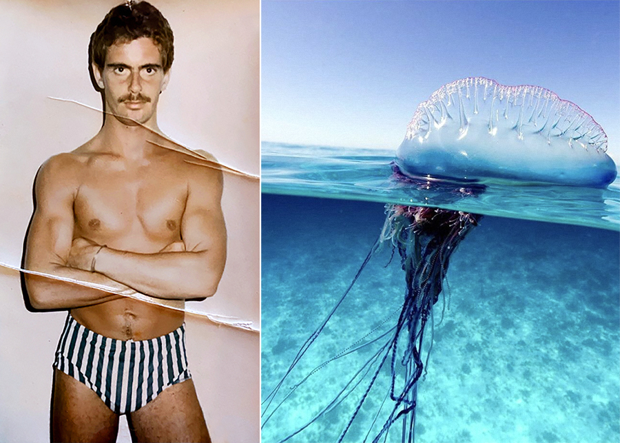 Will in swimsuit and Portuguese Man-o-War jellyfish