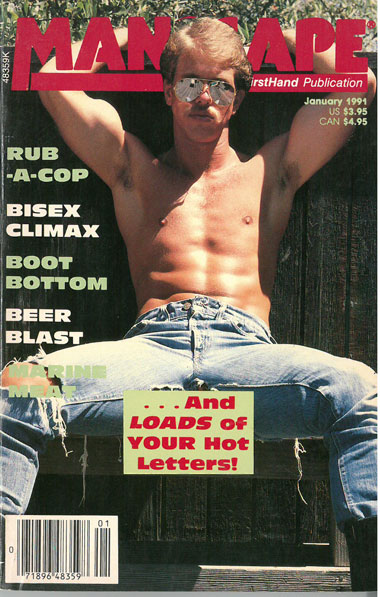 Manscape, Vol. 6, No. 11, January 1991, vintage gay porn, muscle guy, torn jeans, boots, manspread