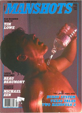 Manshots V2 N5 Feb 1990, vintage gay porn magazine, stud pours water on chest