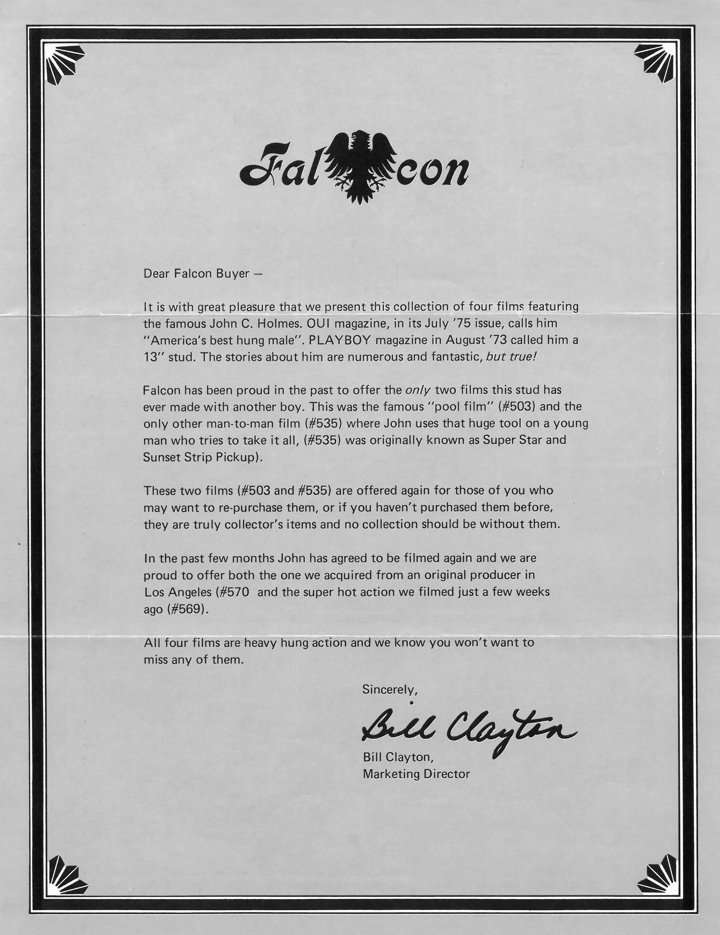 Falcon Vintage Gay Porn Brochure 1975 John Holmes