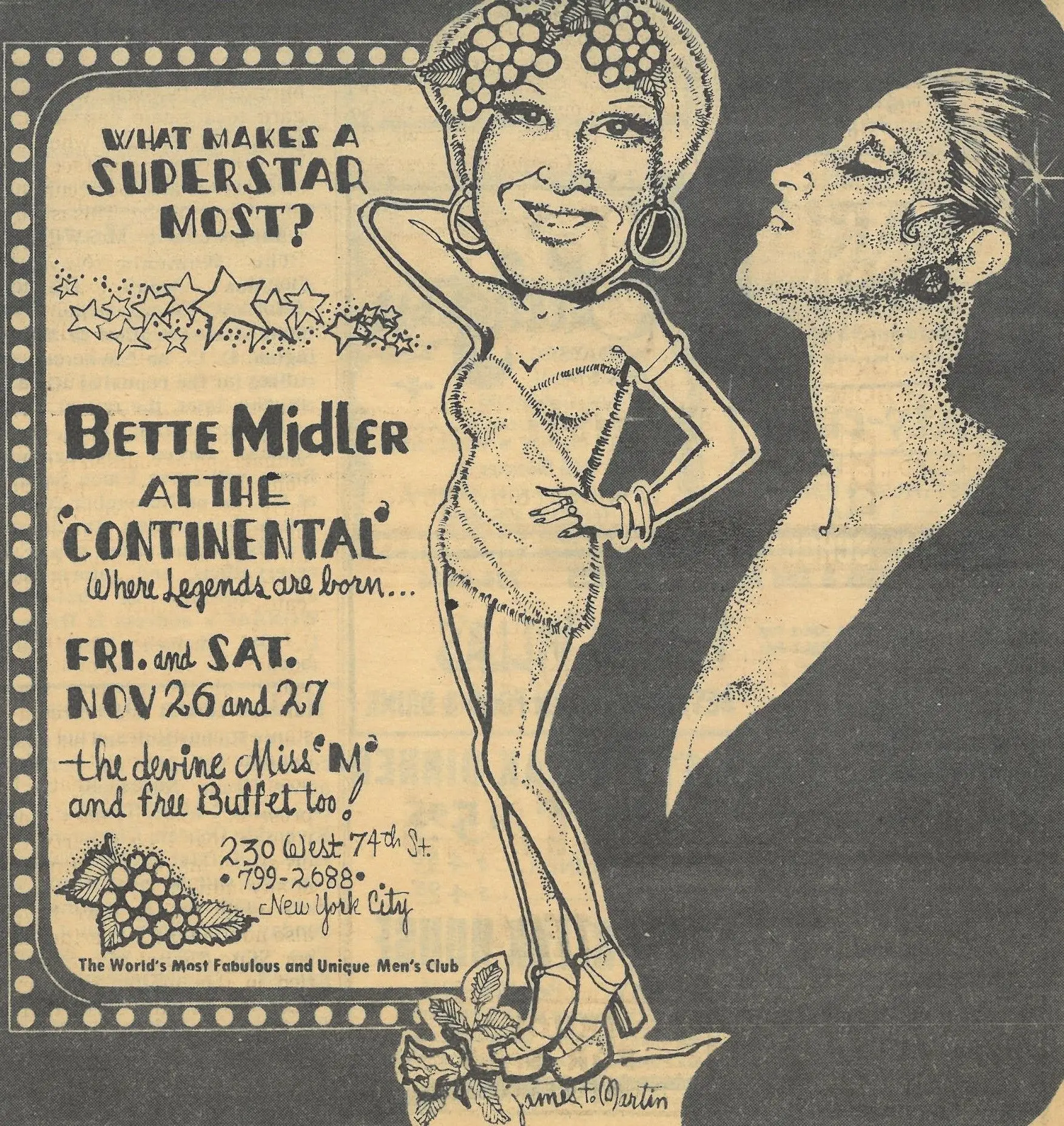 Bette Midler 1971 at the Continental Baths, Newspaper Ad.