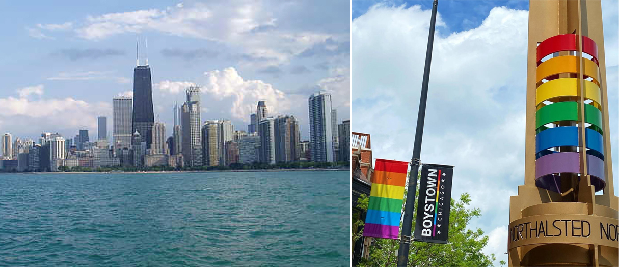 Chicago skyline and Boystown signage/view