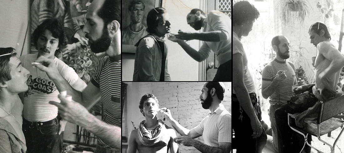 Hand in Hand make-up artist prepping Tim Kent, his body double, Philip Darden, and Bill Eld