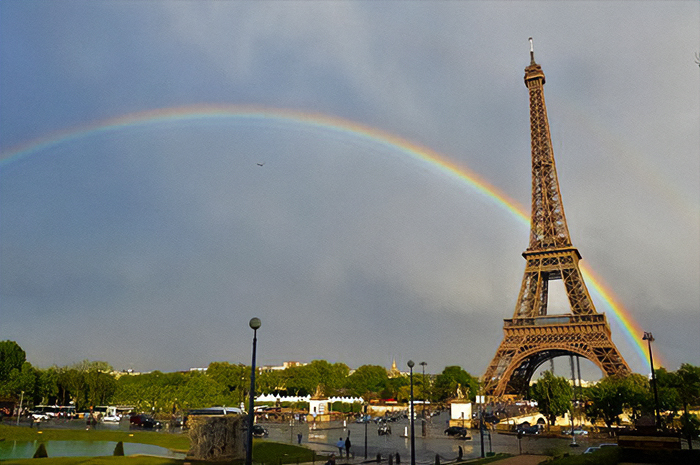 Eiffel Tower with rainbow