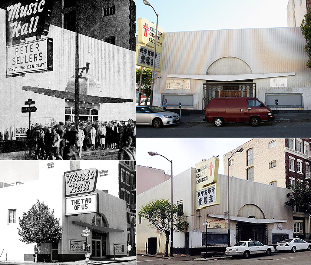 San Francisco's Music Hall building, pre- and post-disco era as a movie theater (L) & a church (R)