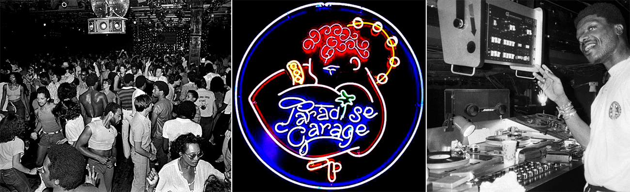 Paradise Garage interior & neon sign, plus Larry Levan DJing
